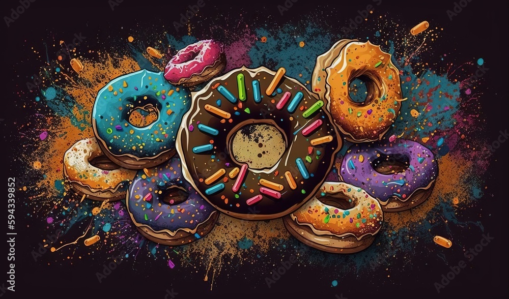  a bunch of doughnuts with sprinkles on a black background with a splash of paint on the bottom of t