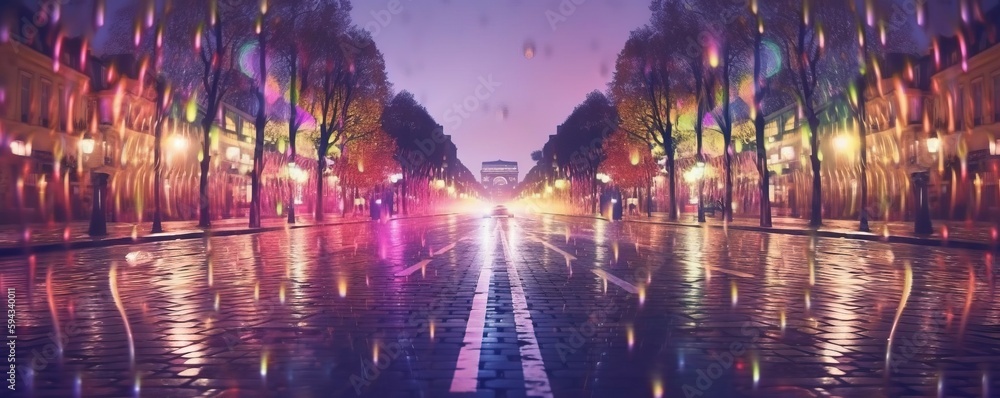  a city street at night with a lot of lights reflecting off of the wet pavement and trees on the sid