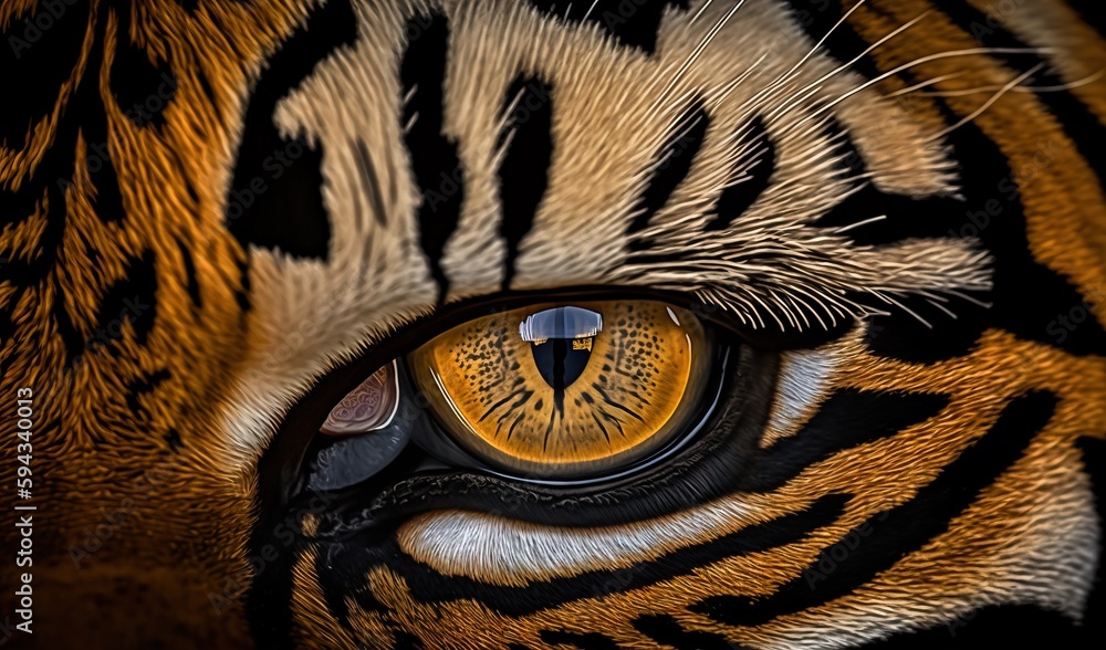  a close up of a tigers eye with a yellow iris and black and white pattern on its body and a black