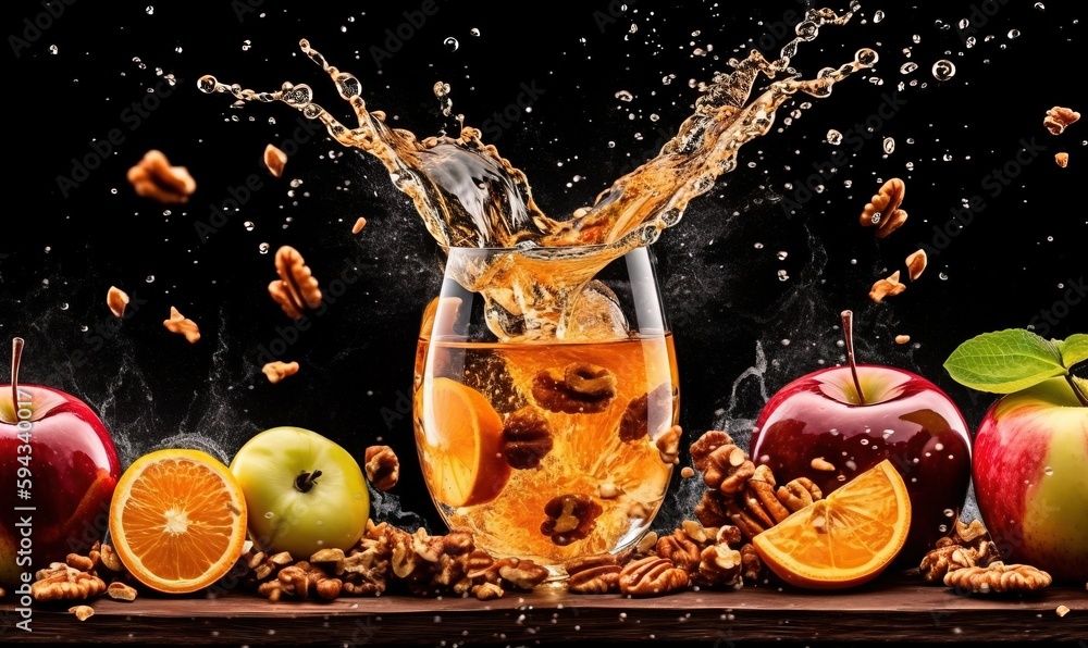  an apple, oranges, and walnuts are splashing into a glass of water with a splash of water on top of