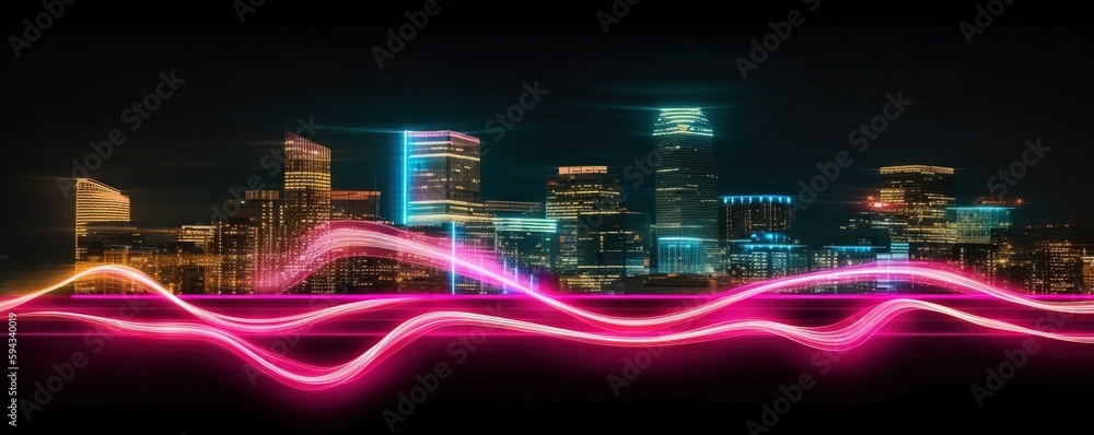  a long exposure photo of a city at night with a bright wave of light in the foreground and a citysc