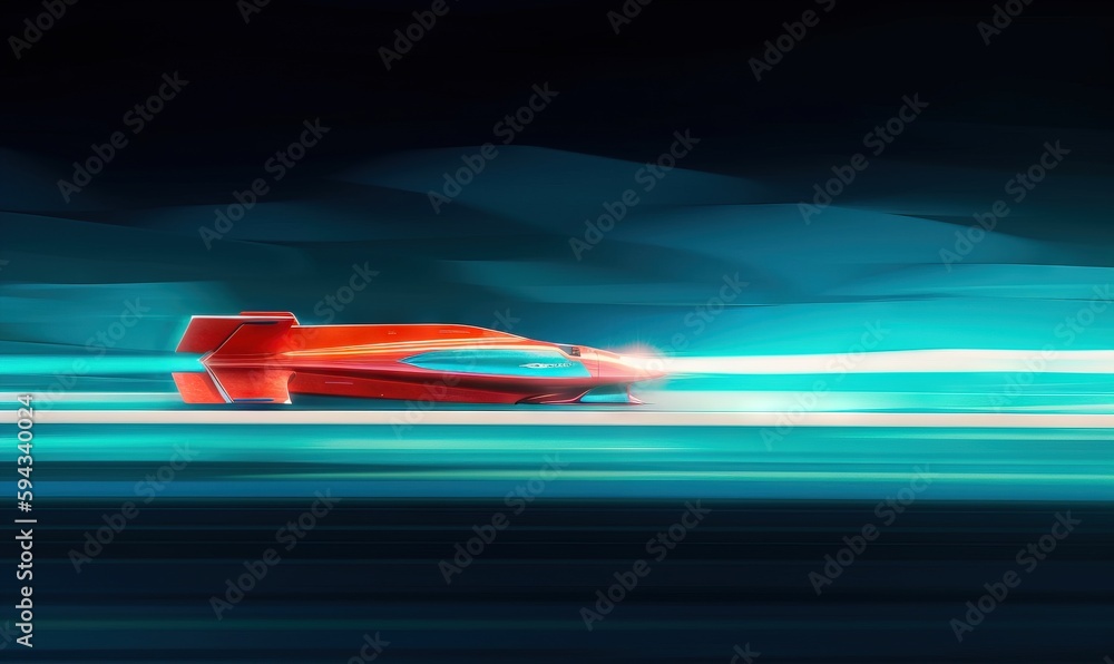  a red car driving through a tunnel of blue light in the dark night time, with a blurry image of the