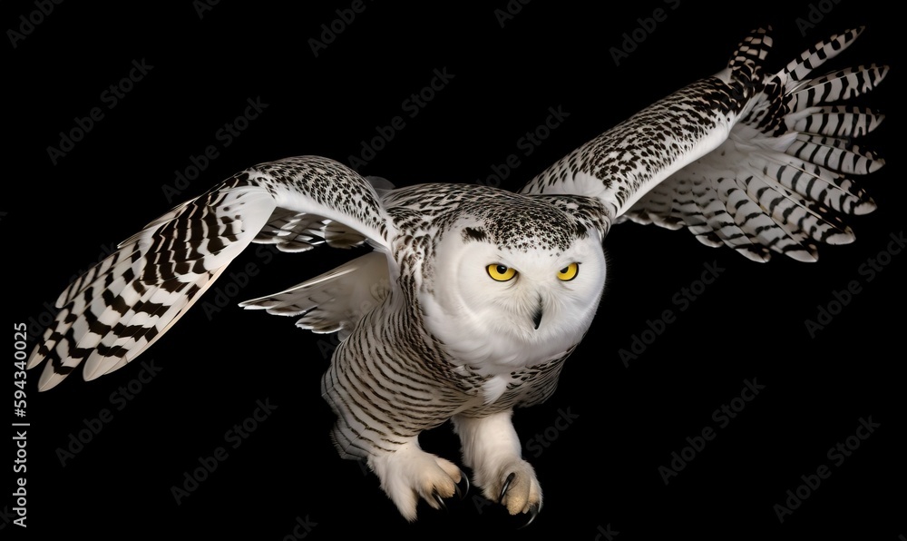  a white owl with yellow eyes is flying in the air with its wings spread out and its wings spread w