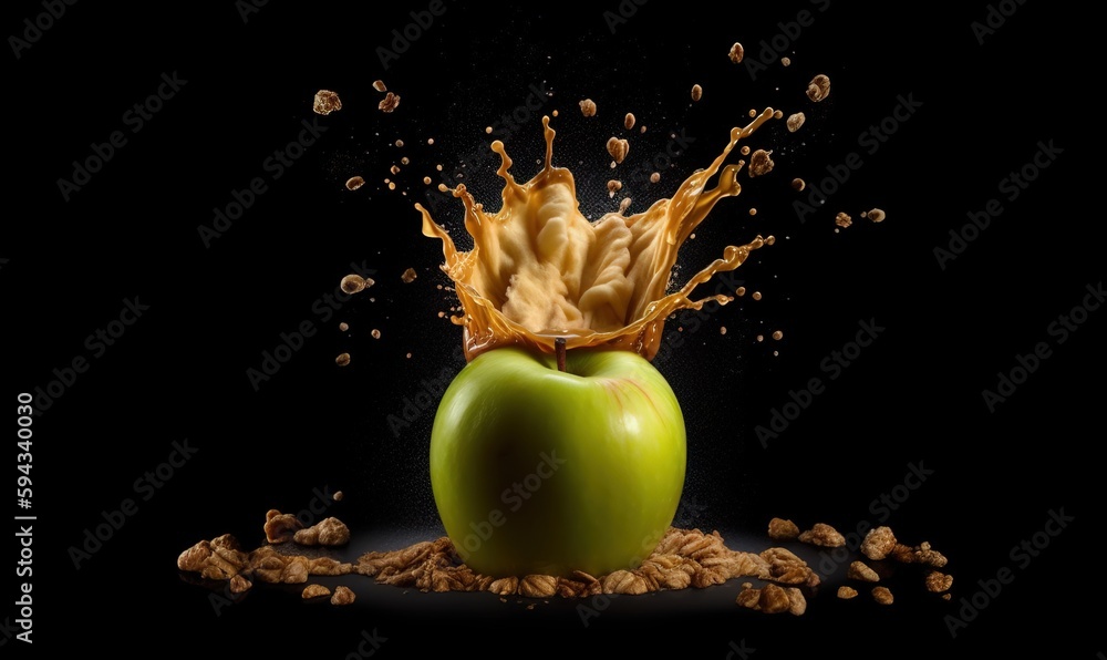  a green apple with a splash of orange juice on its head and a pile of oats on the ground around it