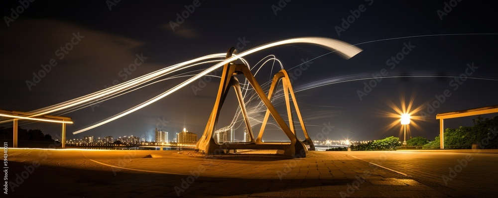  a night time view of a bridge with lights streaking across the sky and a city in the distance with 