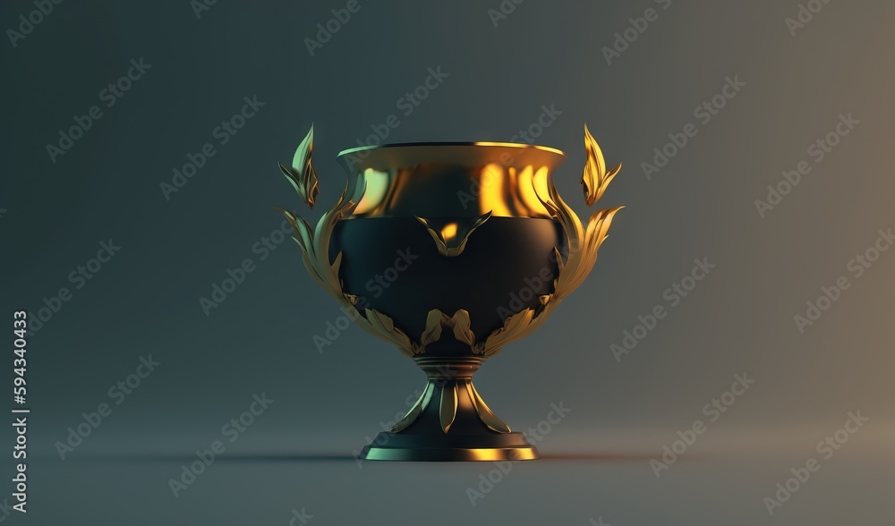  a black and gold vase sitting on top of a table next to a gray wall with a plant on the side of it 