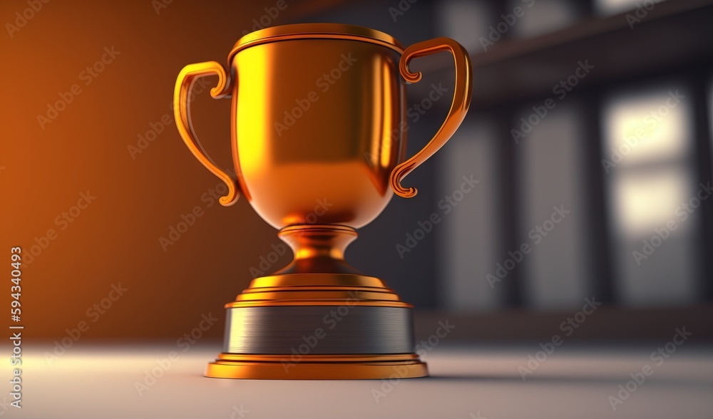  a golden trophy sitting on top of a white table next to a window in a room with a yellow wall and a