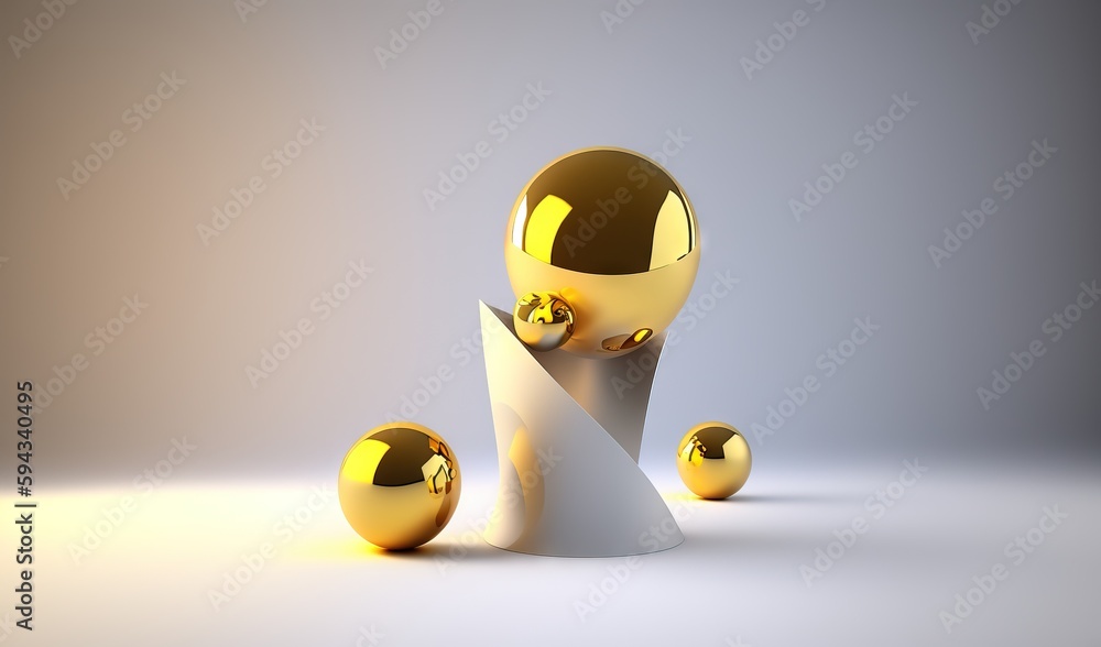  a yellow object is sitting on a white pedestal with three balls around it and a gray background beh