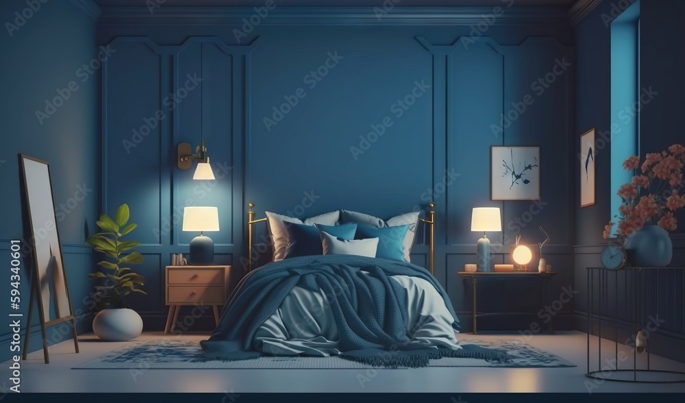  a bedroom with blue walls and a bed with a blue comforter and a blue blanket on top of the bed and 