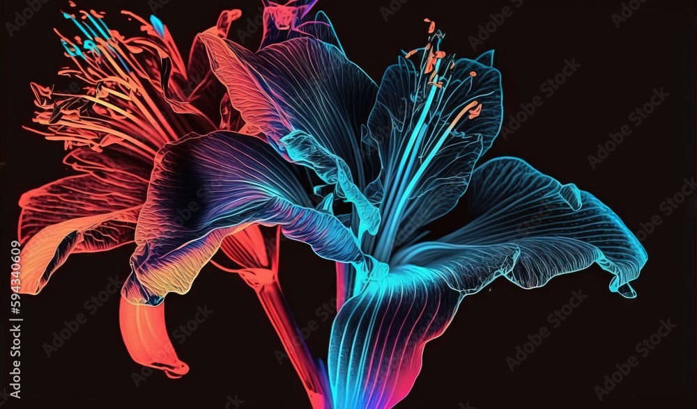  a colorful flower is shown on a black background with a blue and red light in the center of the flo