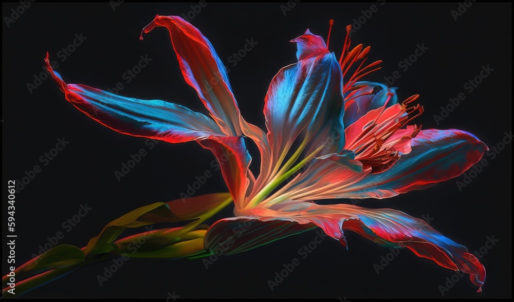  a colorful flower with a black background and a black background with a red and blue flower in the 