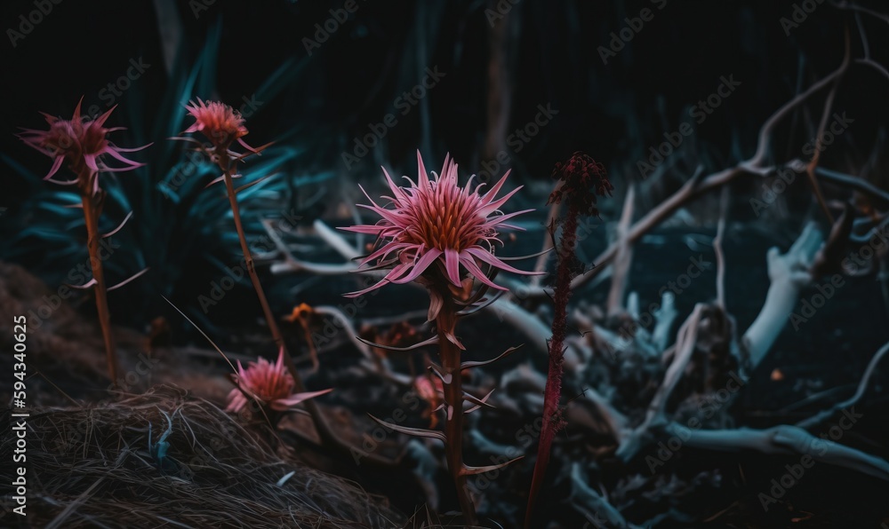  a group of pink flowers sitting on top of a field of dirt and grass next to a forest filled with de