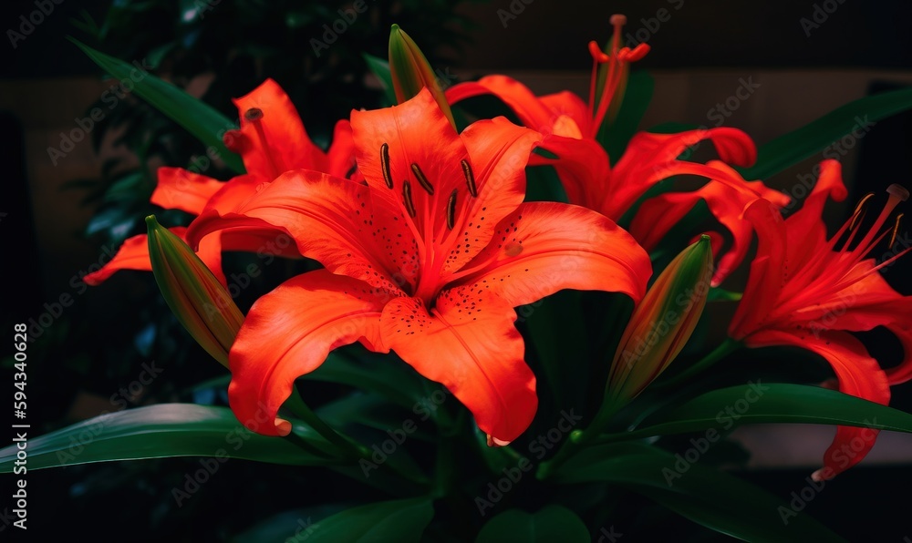  a close up of a bunch of flowers with green leaves in the background and a dark background with a p