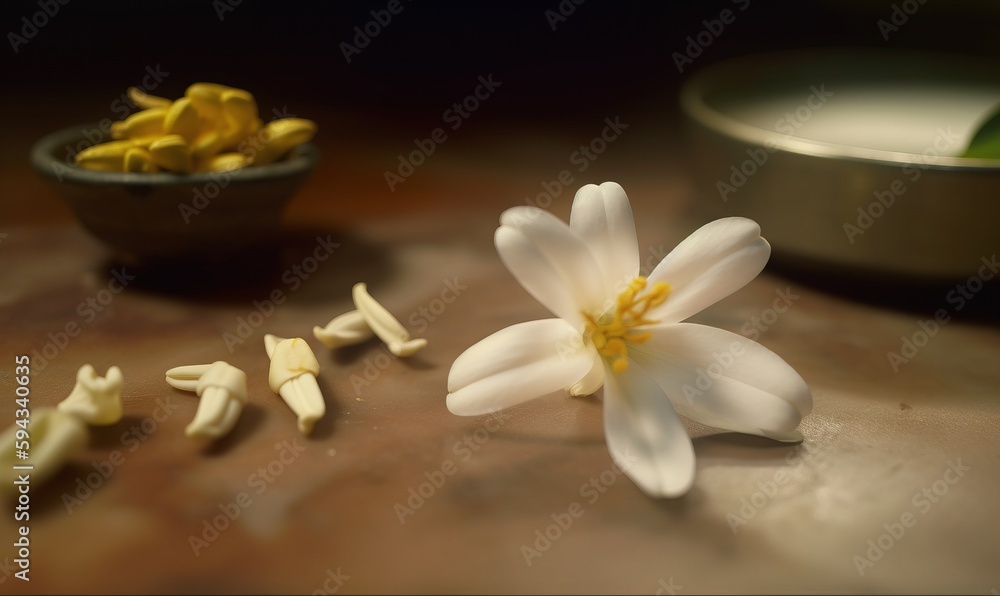  a white flower sitting on top of a wooden table next to a bowl of yellow flowers on a wooden table 