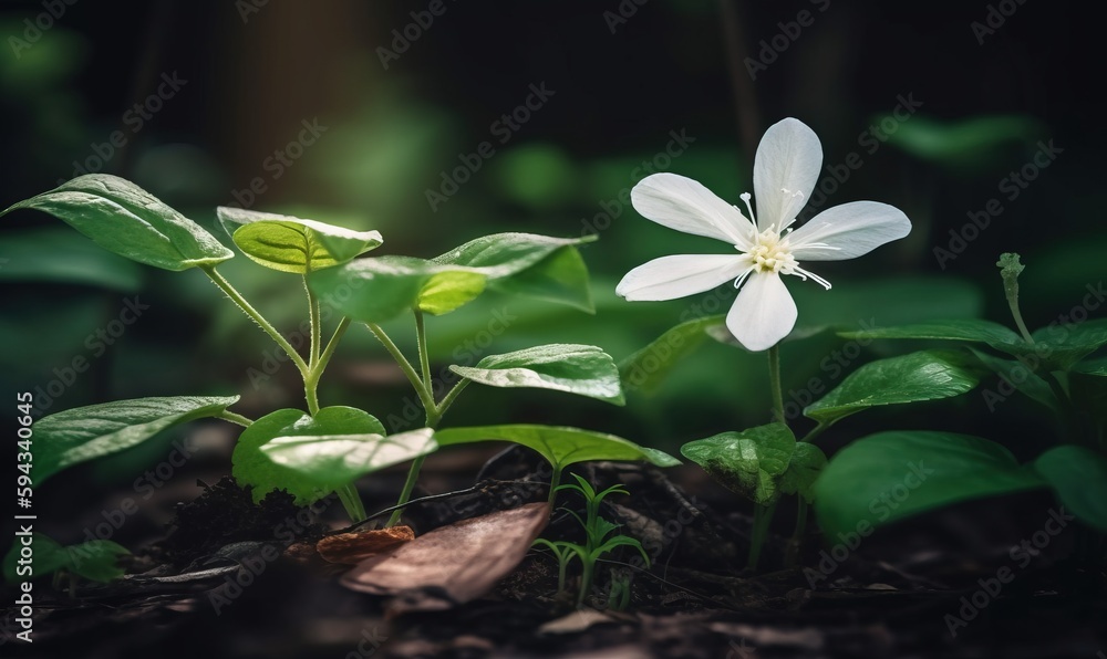  a small white flower sitting on top of a lush green forest filled with leaf covered ground next to 