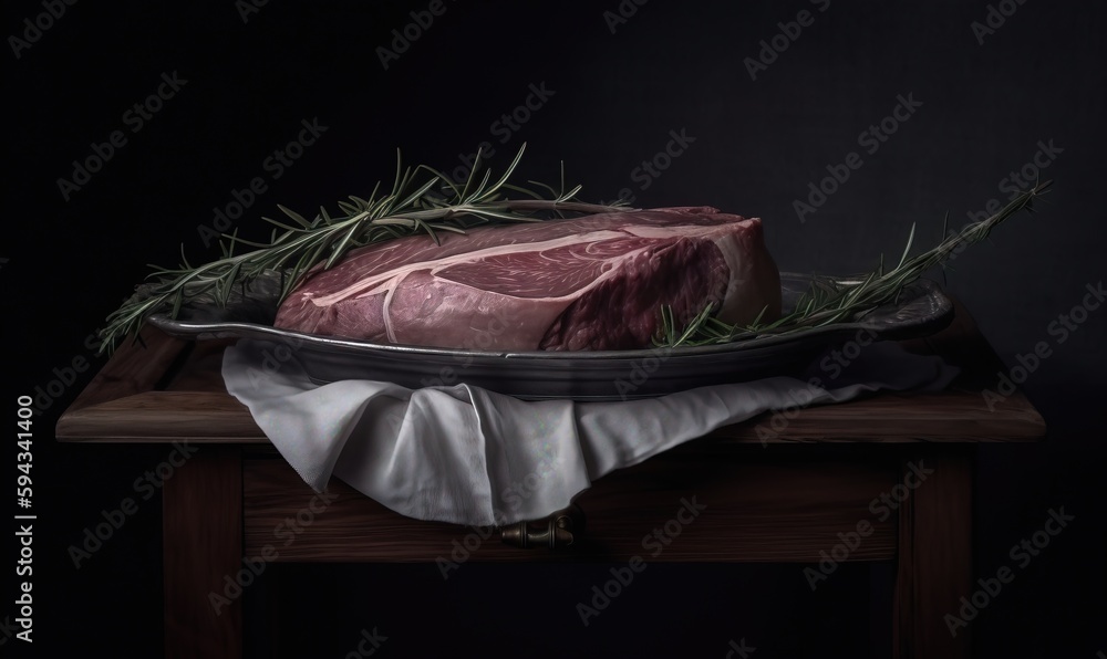  a piece of meat sitting on top of a metal pan on a wooden table next to a white cloth and sprig of 