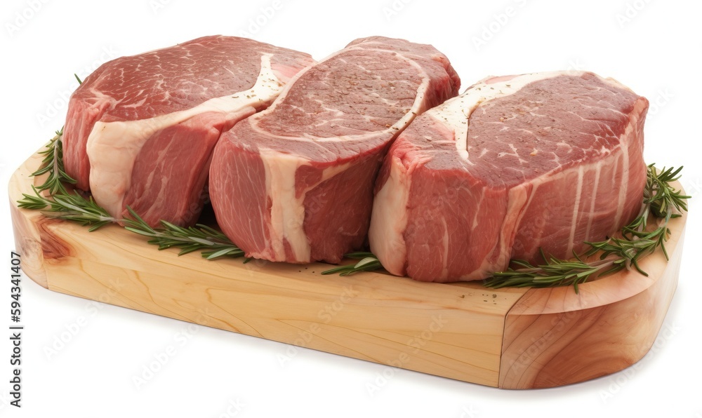  three raw meats on a cutting board with rosemary sprigs on top of them, on a white background, with