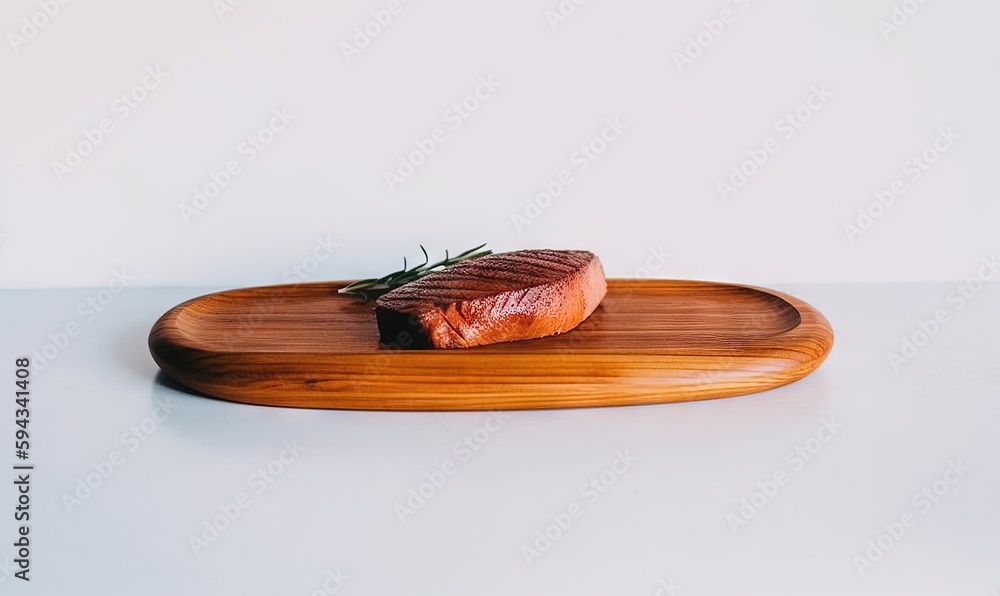  a piece of salmon on a wooden plate on a white tablecloth with a sprig of rosemary on top of it, wi