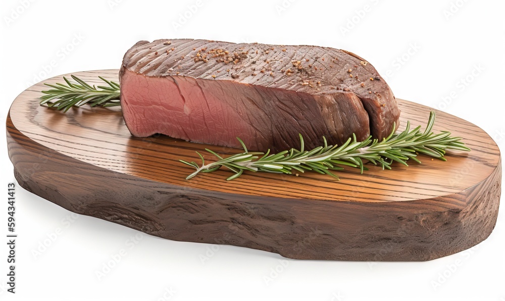  a piece of meat on a wooden cutting board with a sprig of rosemary on top of the steak on a wooden 