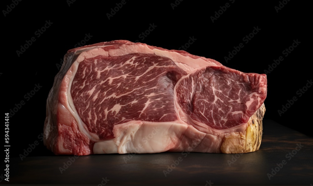  a piece of meat sitting on top of a table next to a black background and a piece of meat on top of 