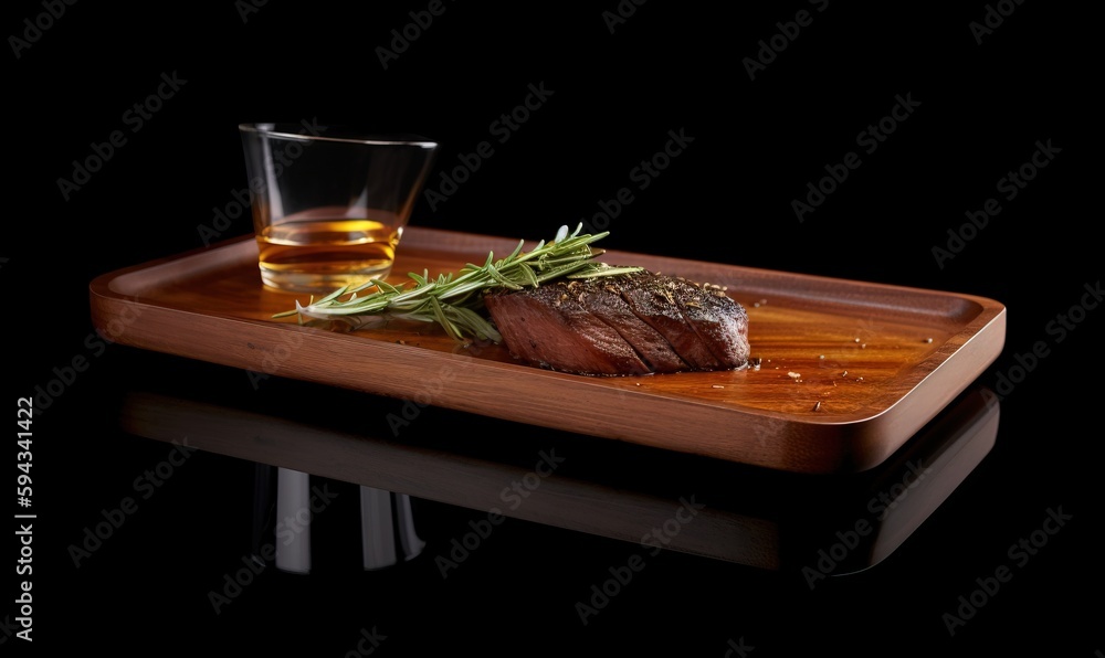  a piece of steak on a wooden plate with a glass of whiskey on a black tablecloth with a reflection 