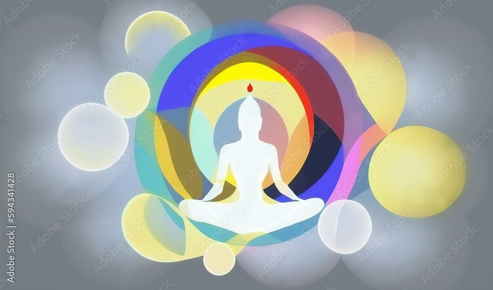  a person sitting in a lotus position in front of a rainbow colored background with circles and a pe