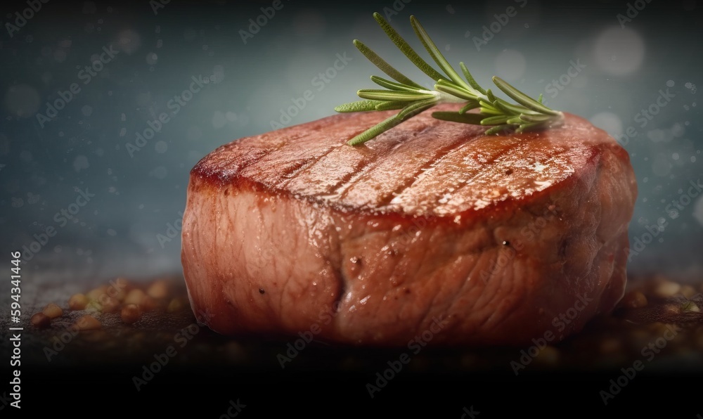  a piece of meat with a sprig of rosemary on top of it, on a dark surface with a small amount of wat