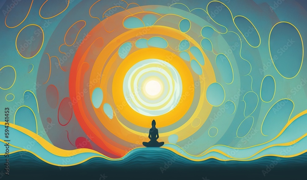  a painting of a person sitting in a meditation position in front of a sun and ocean wave with a per