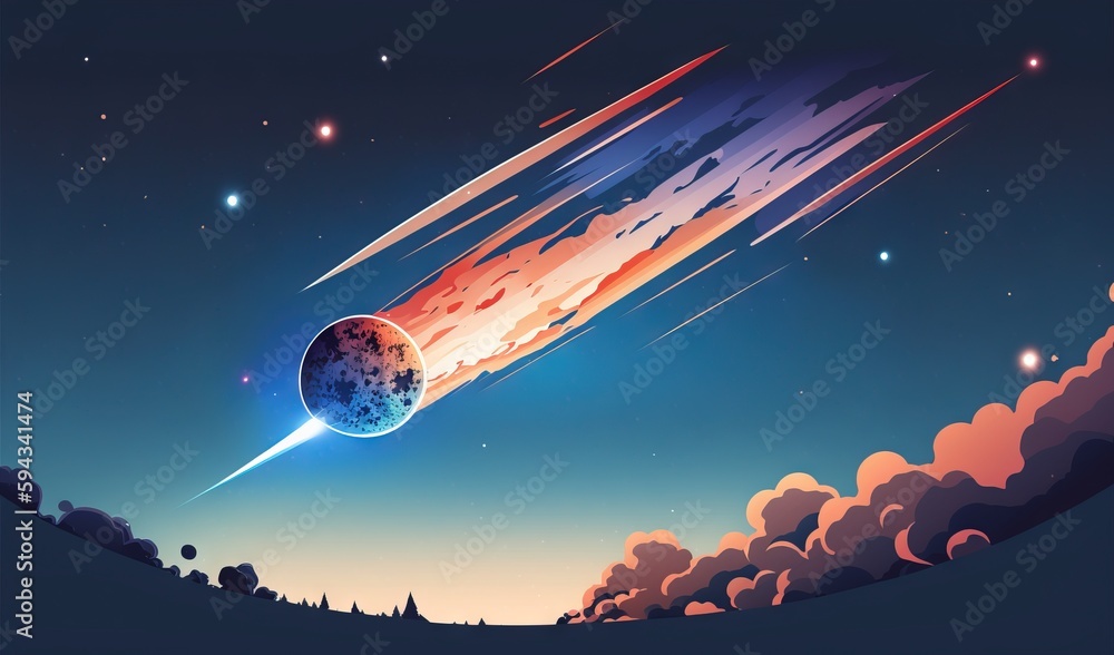  a painting of a planet with a rocket in the sky and a shooting star in the sky above it with clouds