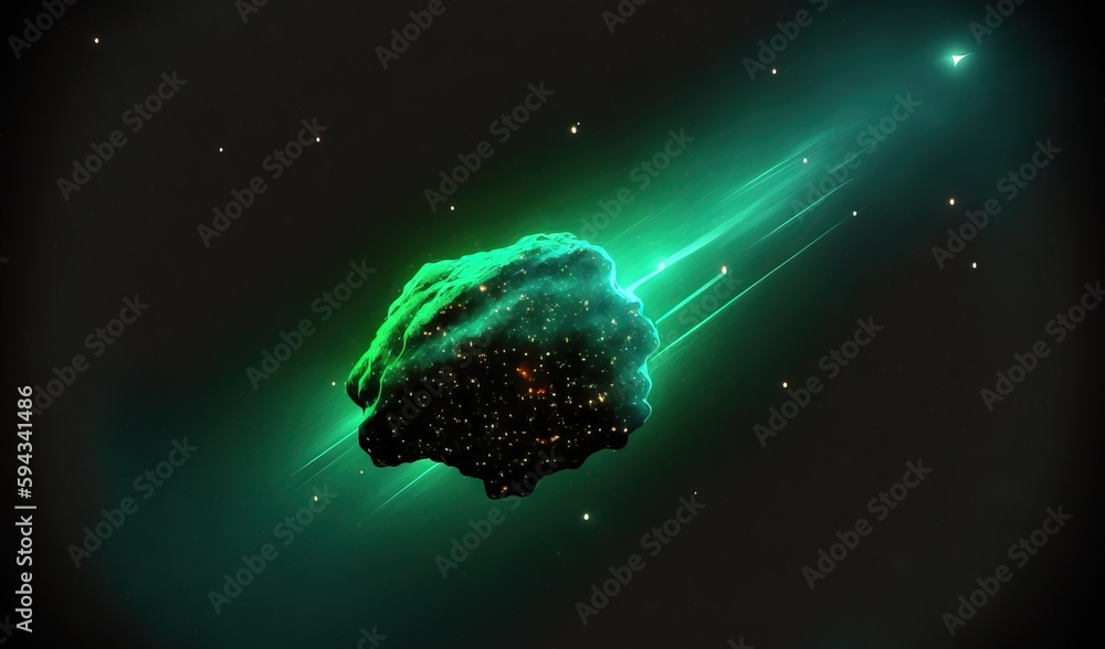  a green object is in the middle of a black background with stars and a green light coming out of th