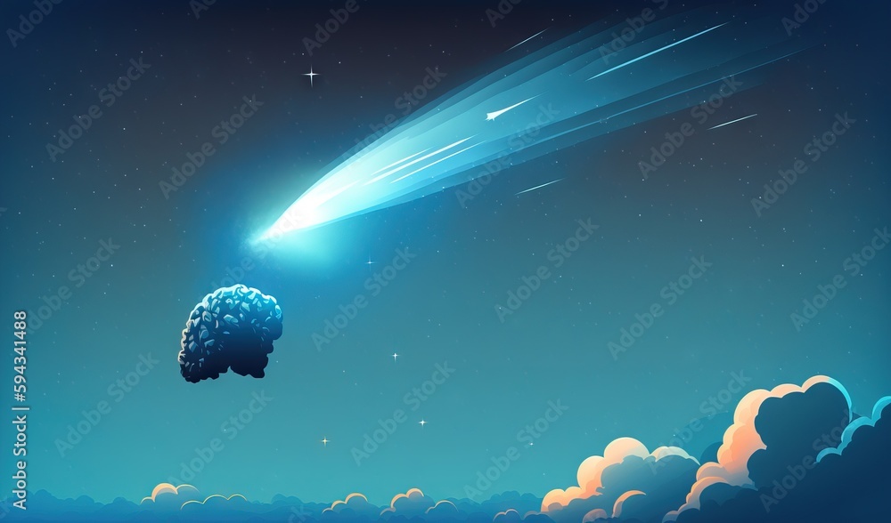  an illustration of a comet flying over a cloud in the sky with a bright blue light coming out of it