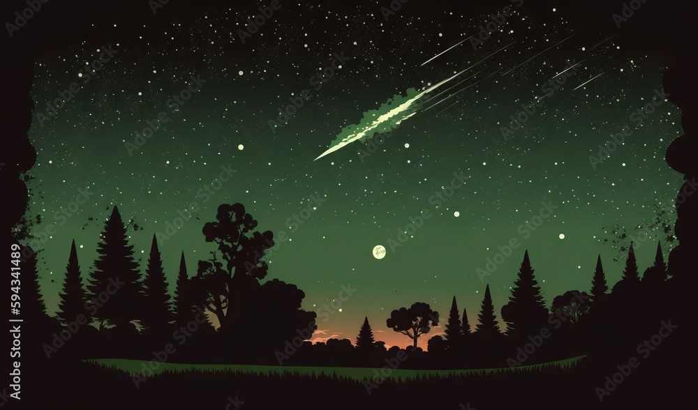  a night sky with stars and a shooting star in the distance with trees in the foreground and a green