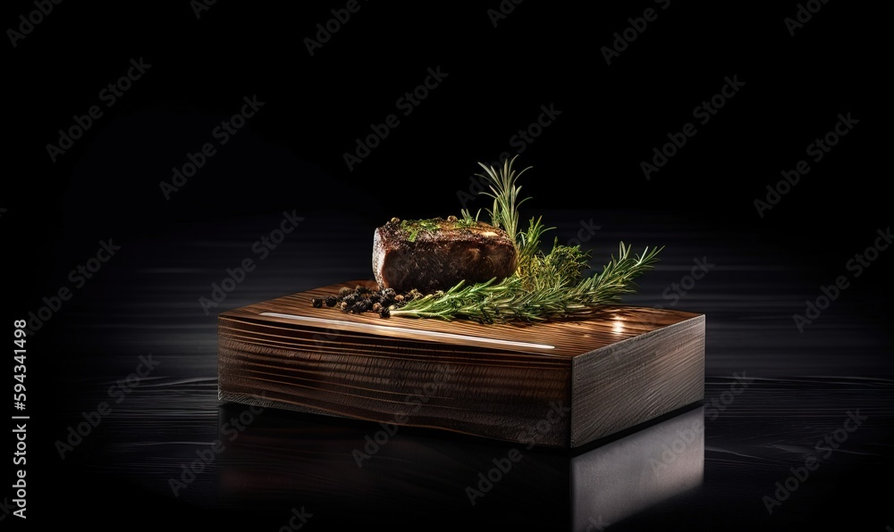  a piece of cake sitting on top of a wooden box on a black surface with greenery on top of the cake 