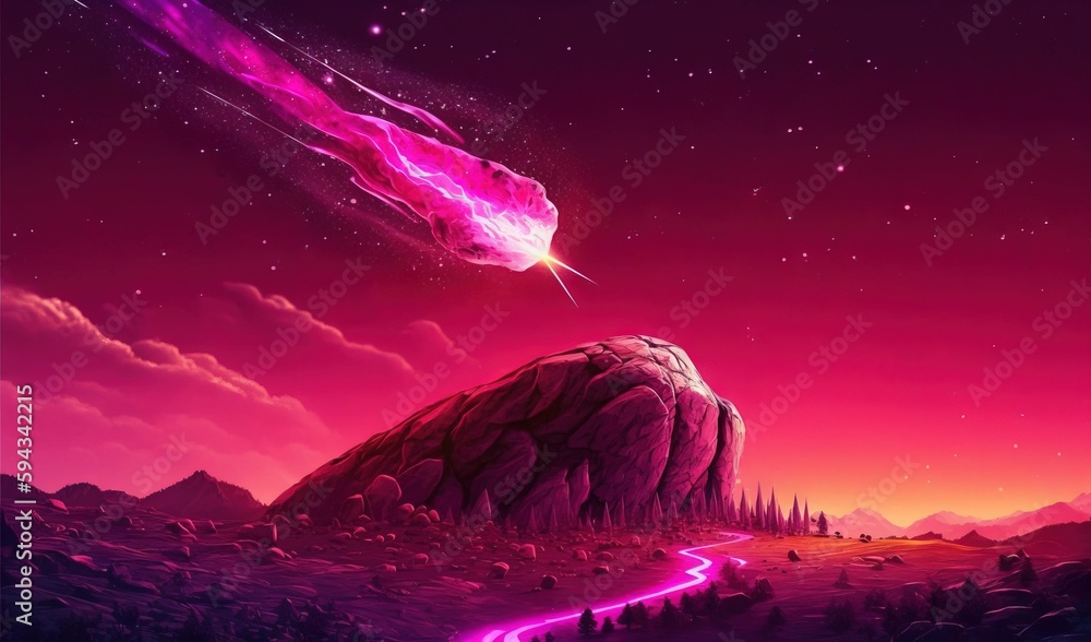  a painting of a purple sky with a pink light coming from it and a pink light coming from it, and a 