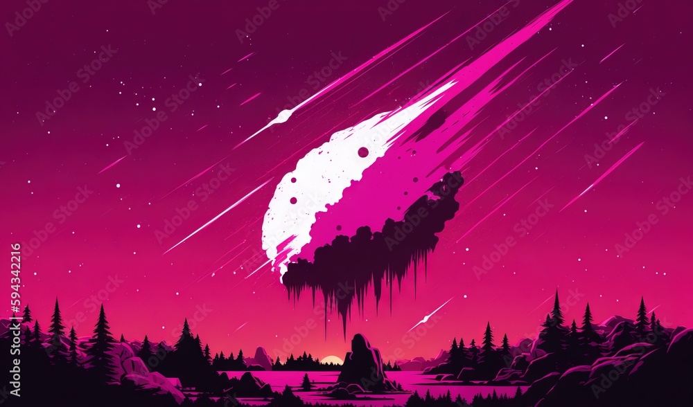  a pink and purple background with trees and a large object in the middle of the image with stars in