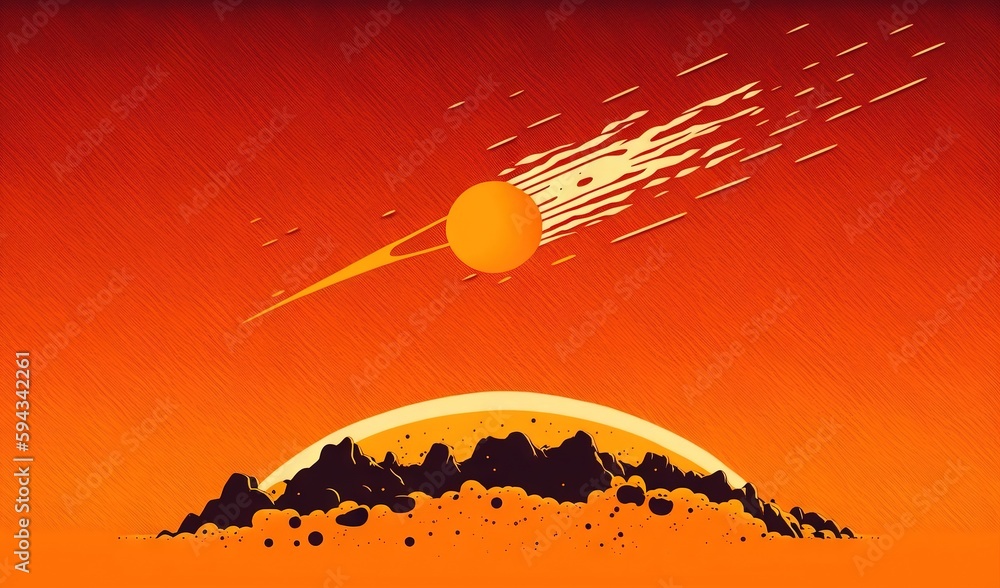  a painting of an orange sky with a distant object in the middle of the sky and a distant object in 