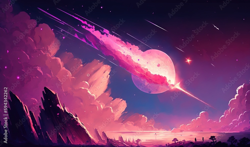  a painting of a pink and purple sky with stars and a large object in the middle of the sky with clo