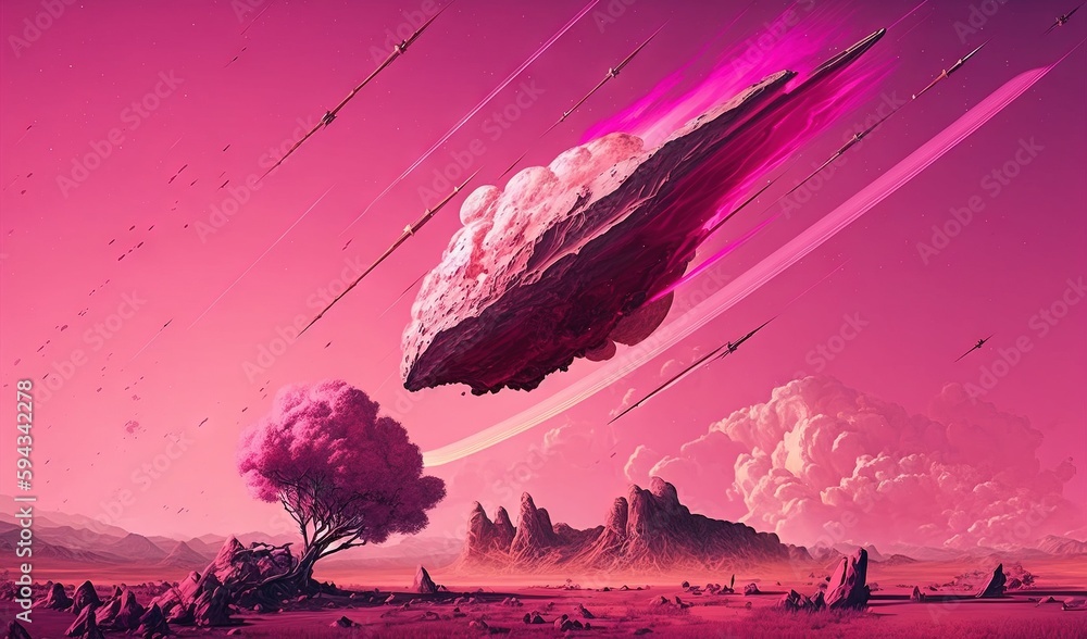  a painting of a pink sky with a large object in the middle of the picture and a tree in the middle 