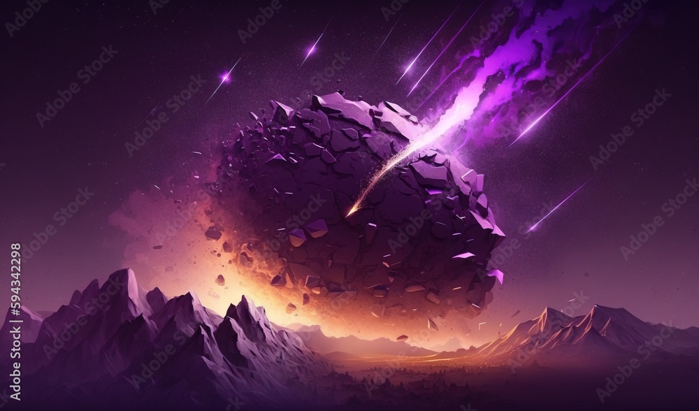  a large rock with a star in the middle of it, surrounded by mountains and stars, with a bright purp