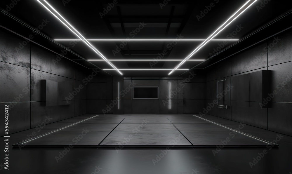  a dark room with a square floor and a neon light on the ceiling and a square floor in the middle of