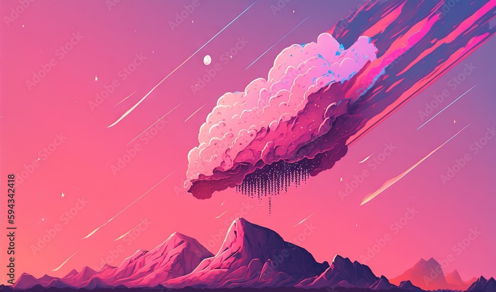  a painting of a pink sky with mountains and stars in the background and a pink sky with stars in th