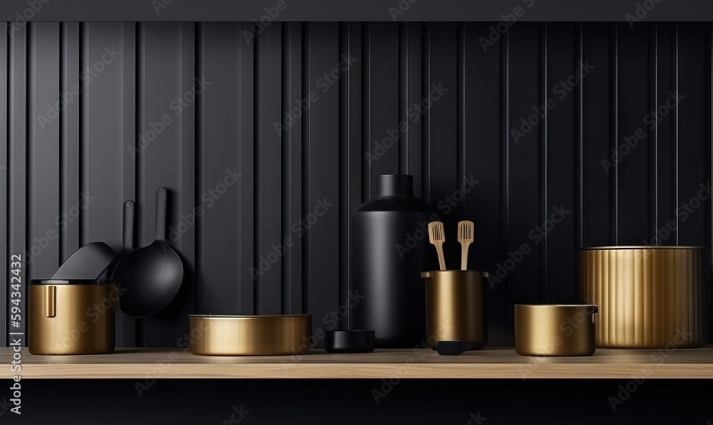  a black and gold shelf with black and gold containers and utensils on it, and a black striped wall 