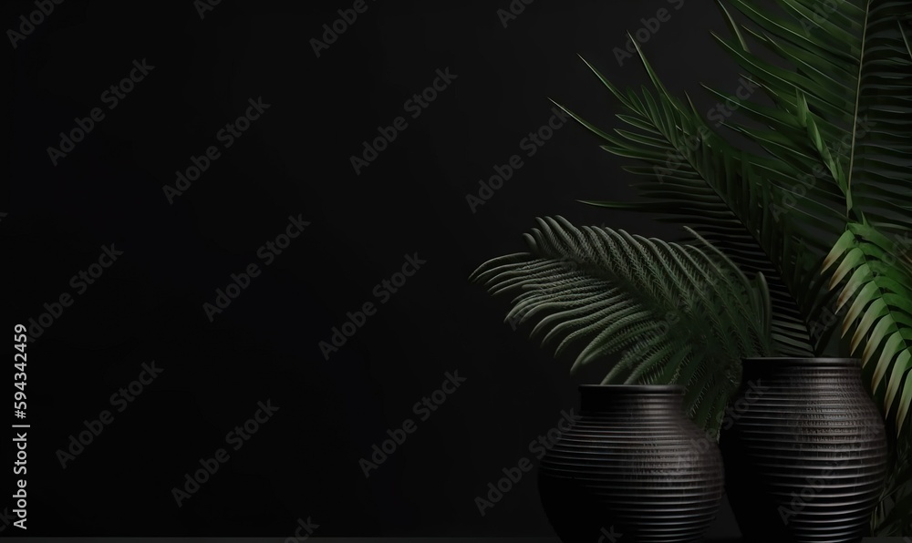  a couple of black vases sitting next to a green palm leaf on a table top next to a black wall with 