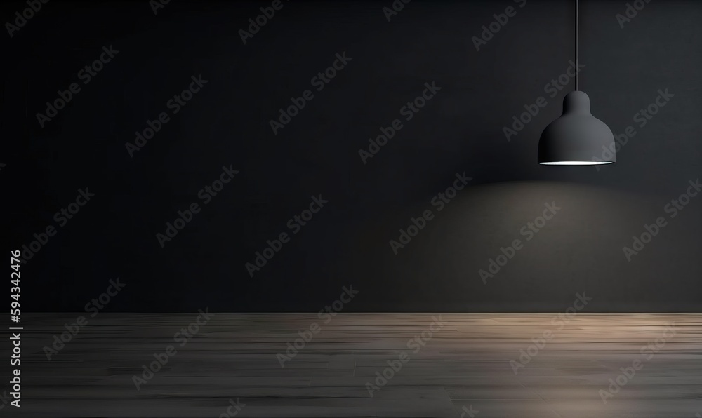  an empty room with a lamp on the wall and a wooden floor in front of the wall is a black wall and a