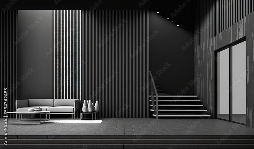  a black and white photo of a living room with a couch and a stair case next to a window with a door