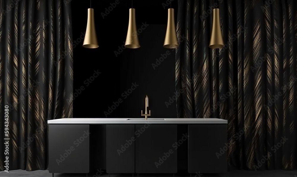  a black and gold bathroom with a sink and three lights hanging from the ceiling and a black curtain