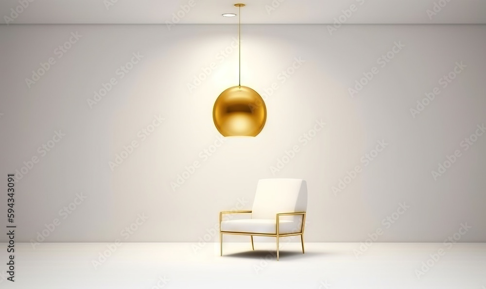  a white chair and a gold lamp in a room with a white wall and floor and a white chair with a white 