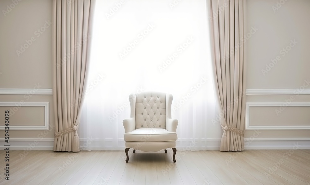  a white chair sitting in front of a window with a curtain on the other side of the window and a cha