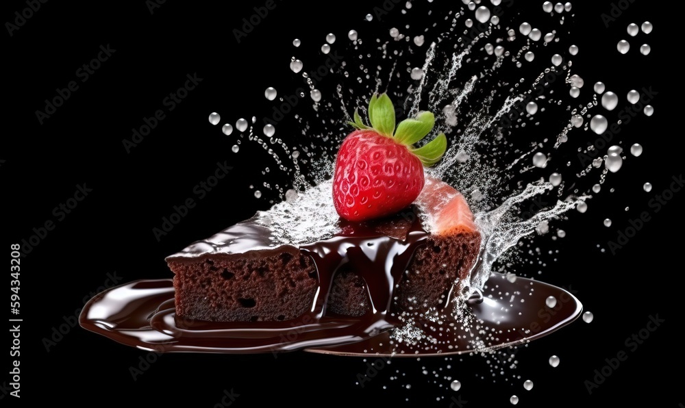  a piece of chocolate cake with a strawberry on top of it with water splashing on it and a slice of 