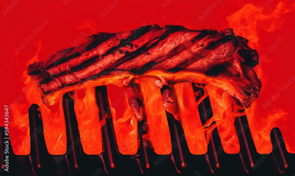  a piece of meat is being grilled on a grill with red flames in the backgrouds of the grill, with a 